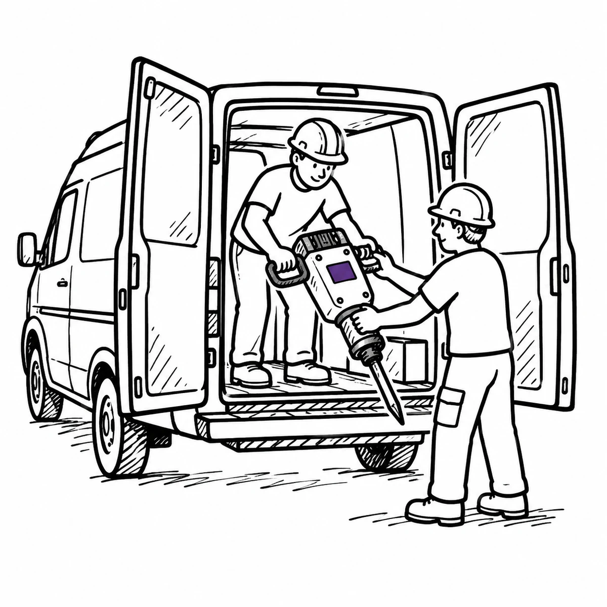 A gloved hand passing a cordless breaker across a van tailgate to another worker on a construction site at dusk
