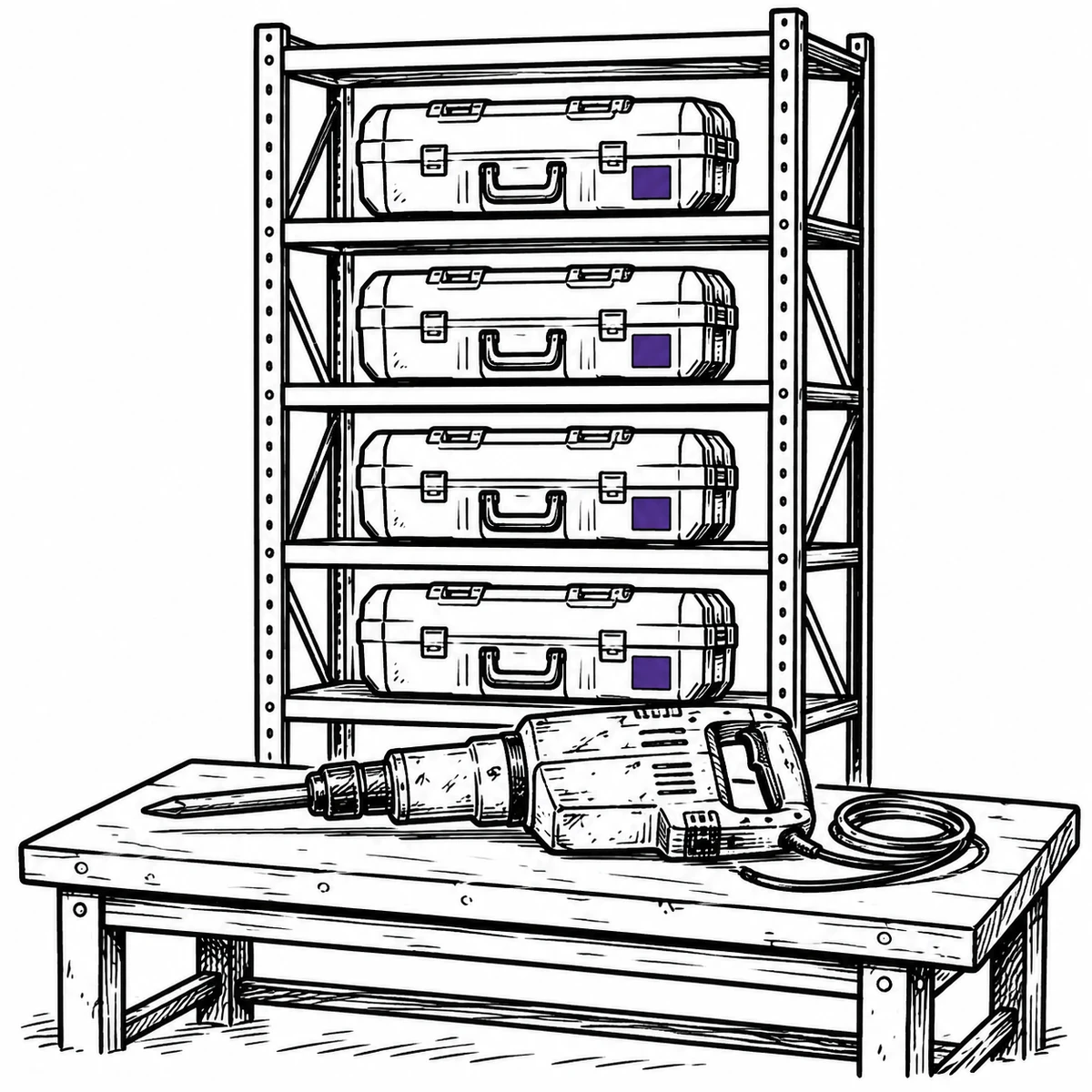 Identical unused breakers still boxed on a rack in a contractor store beside one well-used tool