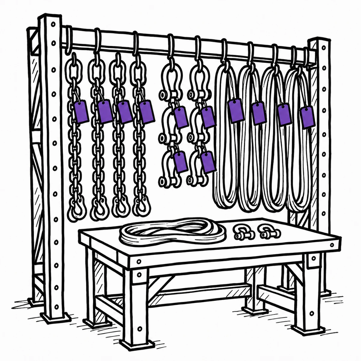 Lifting slings and shackles on a site rack, each with an inspection tag, one being scanned with a phone