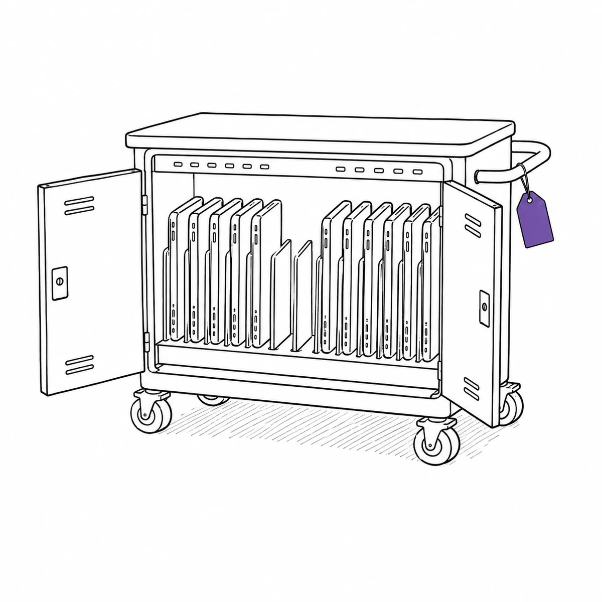 A classroom laptop trolley with devices in charging slots and two slots empty, drawn in ink line art