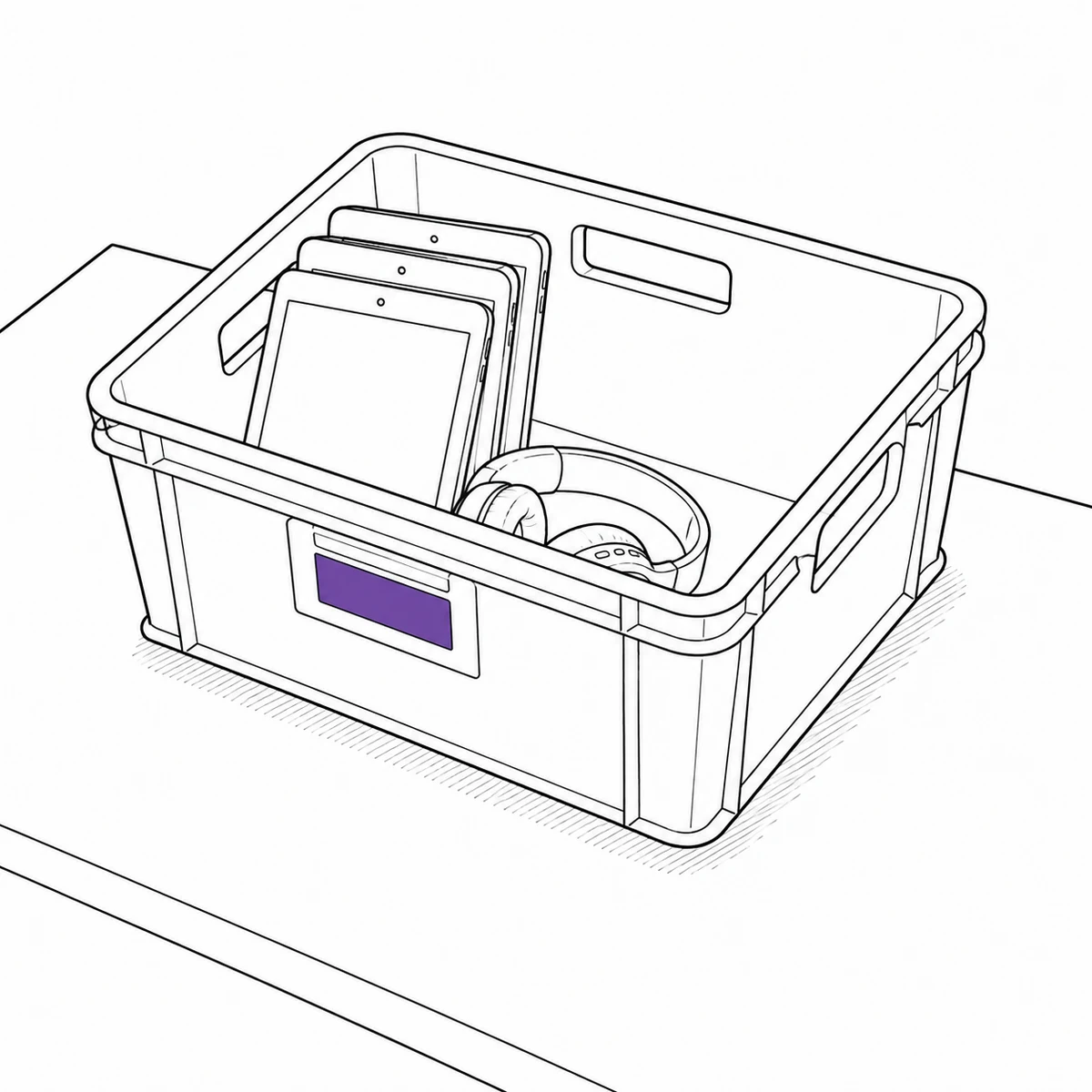 A returns crate on a desk holding a few devices with room for more, drawn in ink line art