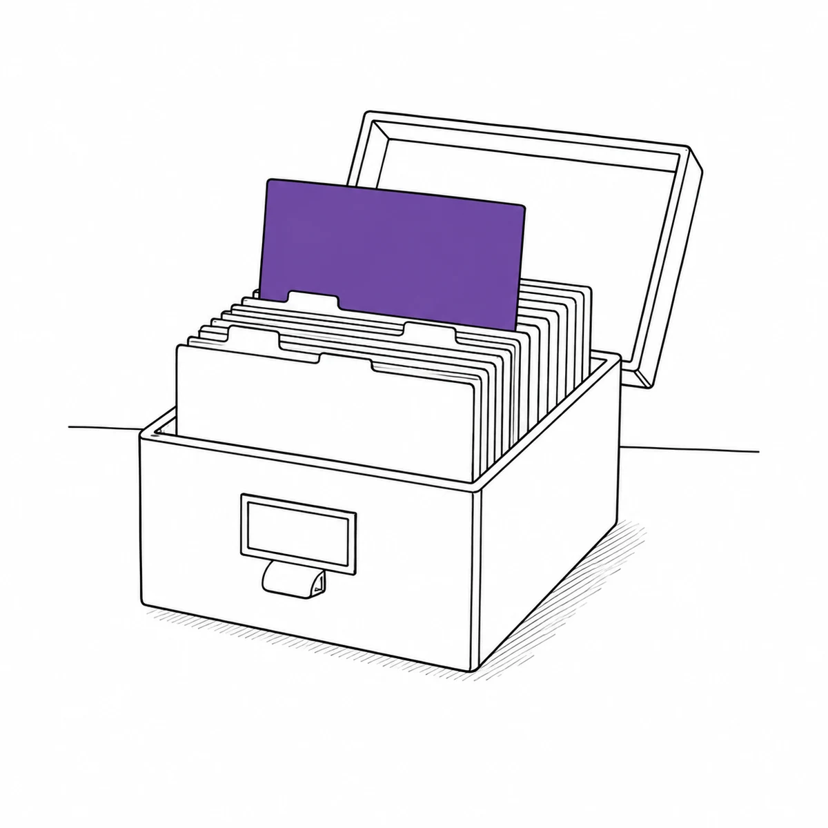 A card index box of borrower cards with one card raised above the others, drawn in ink line art
