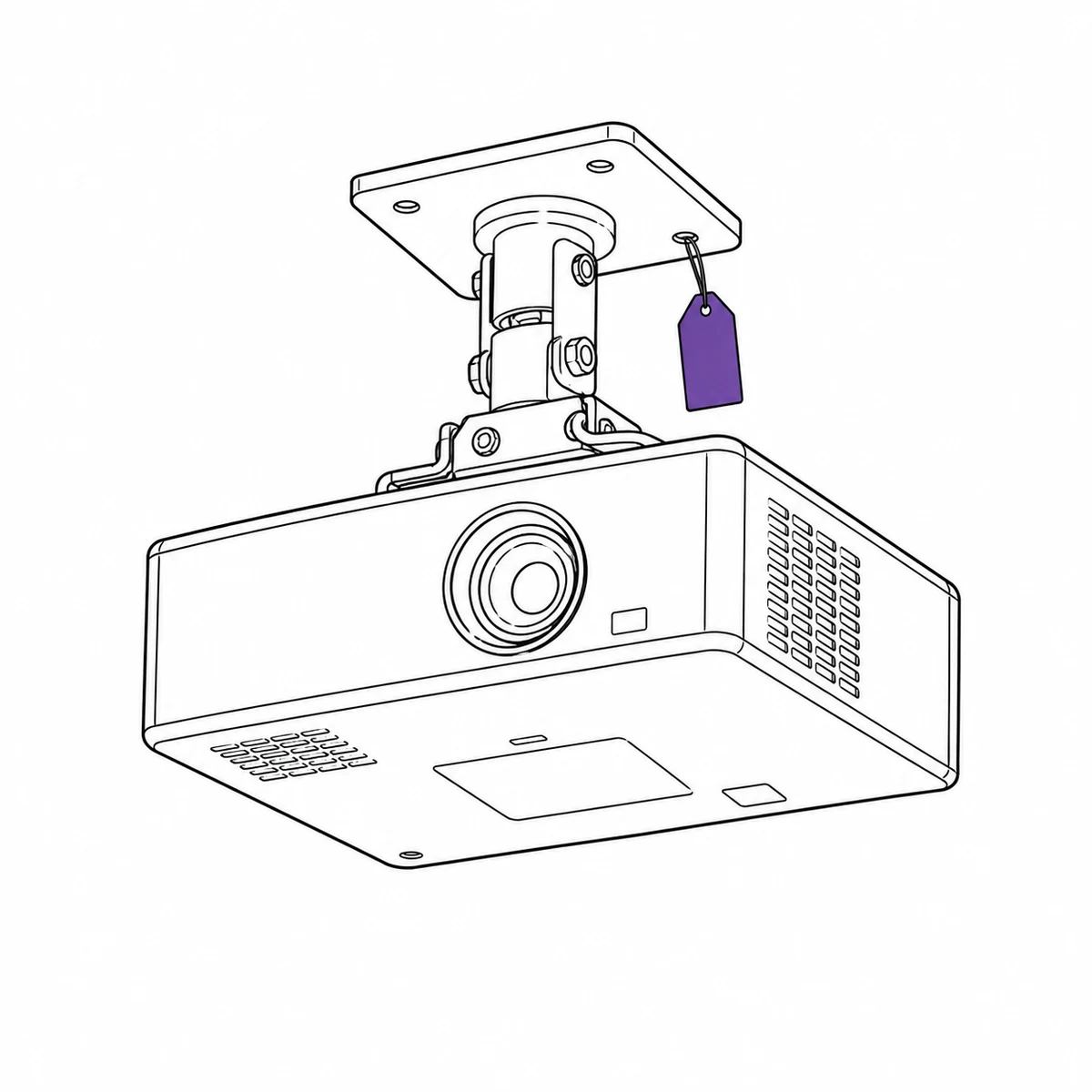 A ceiling-mounted classroom projector with a tag hanging from its bracket, drawn in ink line art