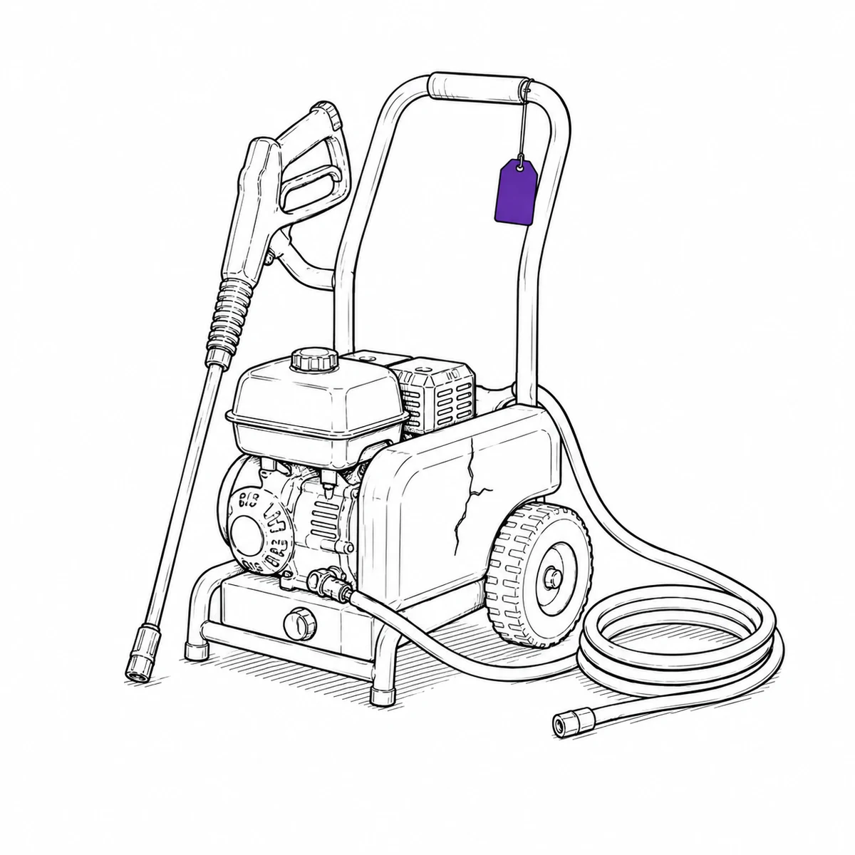 A pressure washer with a visible crack in its housing and a tag hanging from the handle, drawn in ink line art
