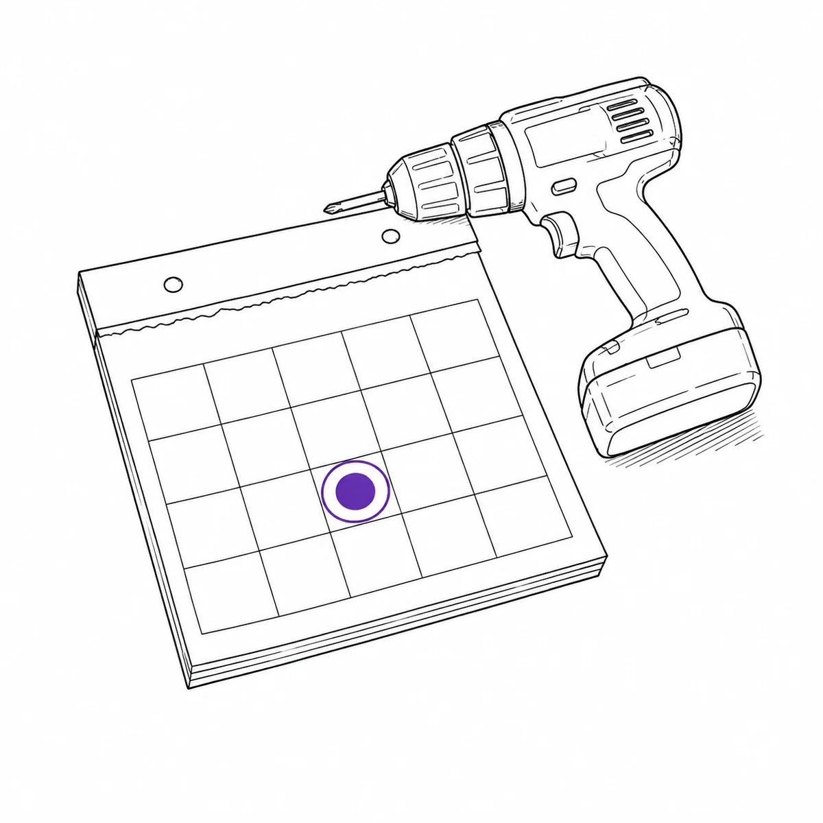 A desk calendar page with one date circled, with a cordless drill resting on top of it, drawn in ink line art