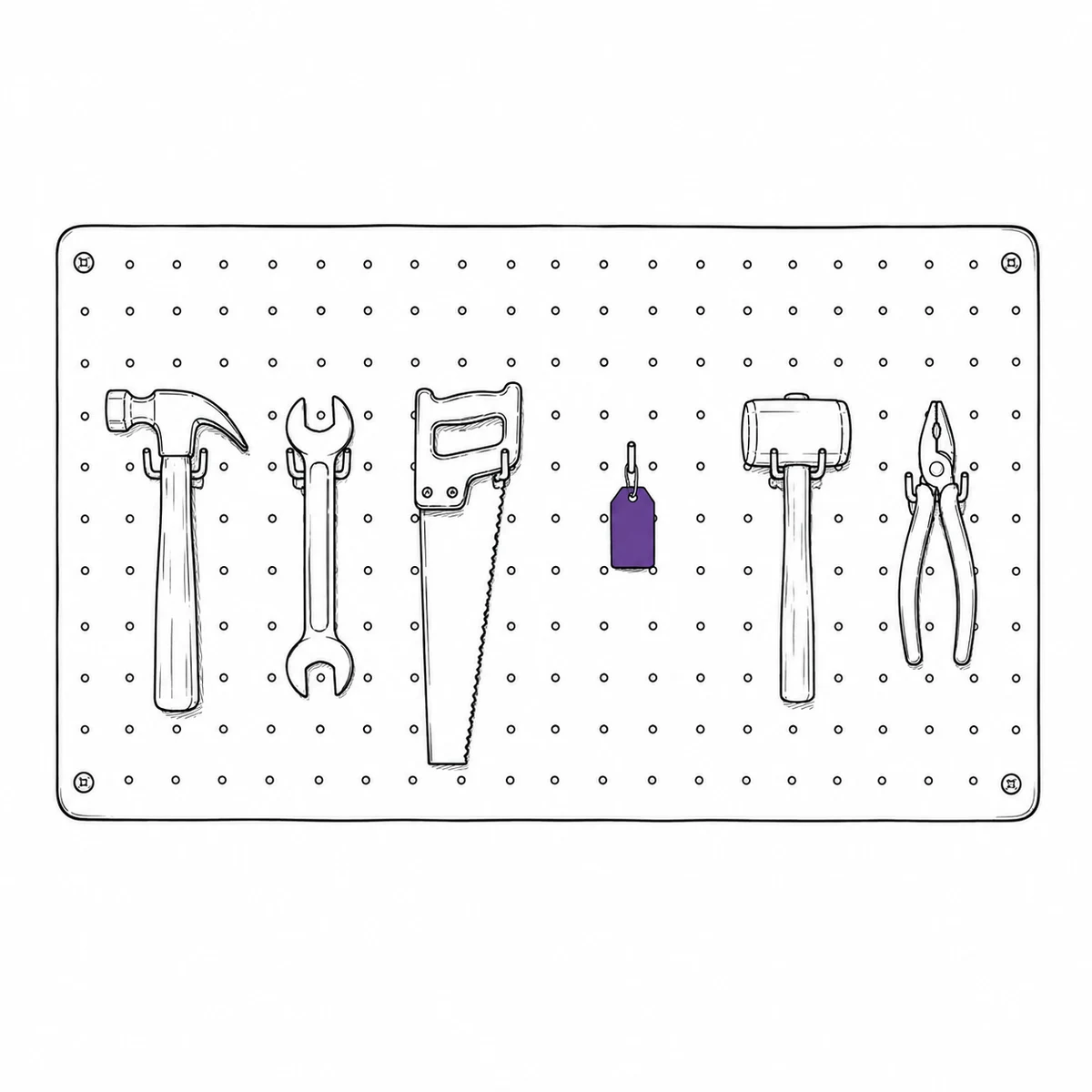 A wall pegboard with hand tools hanging on hooks and one hook empty, drawn in ink line art