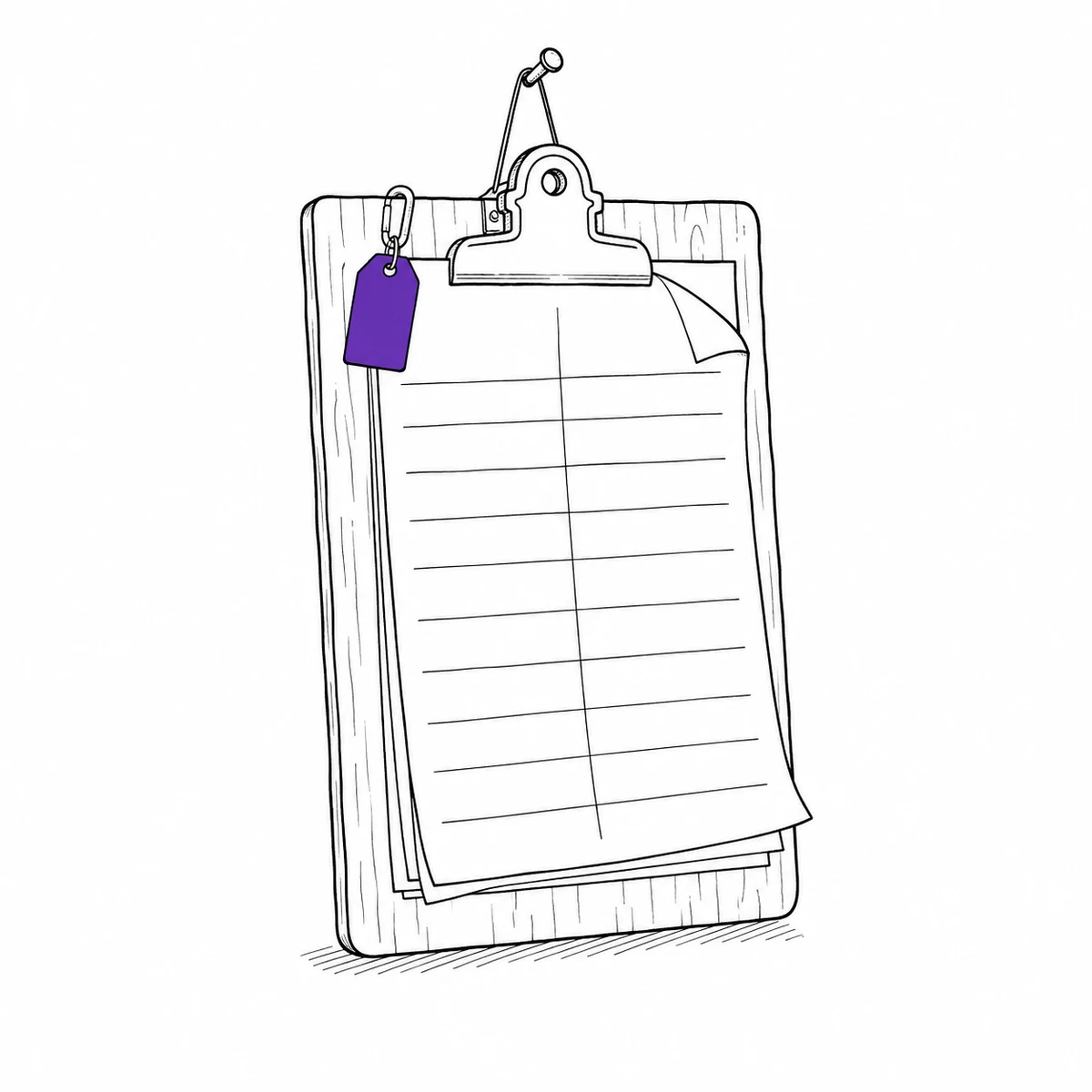 A clipboard hanging on a nail by a door with curling sign-out sheets on it, drawn in ink line art