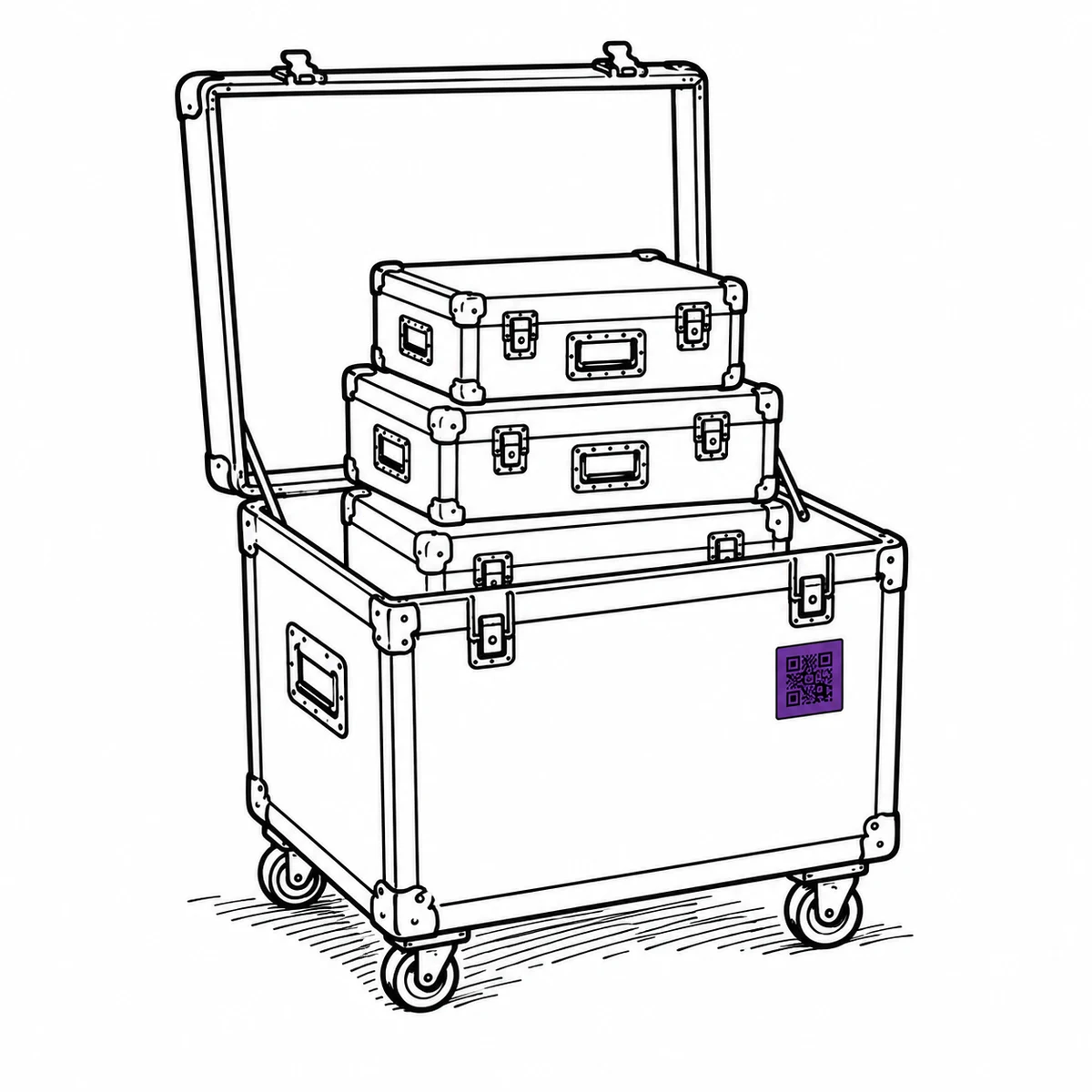 A wheeled flight case standing open with smaller cases stacked inside it, drawn in ink line art