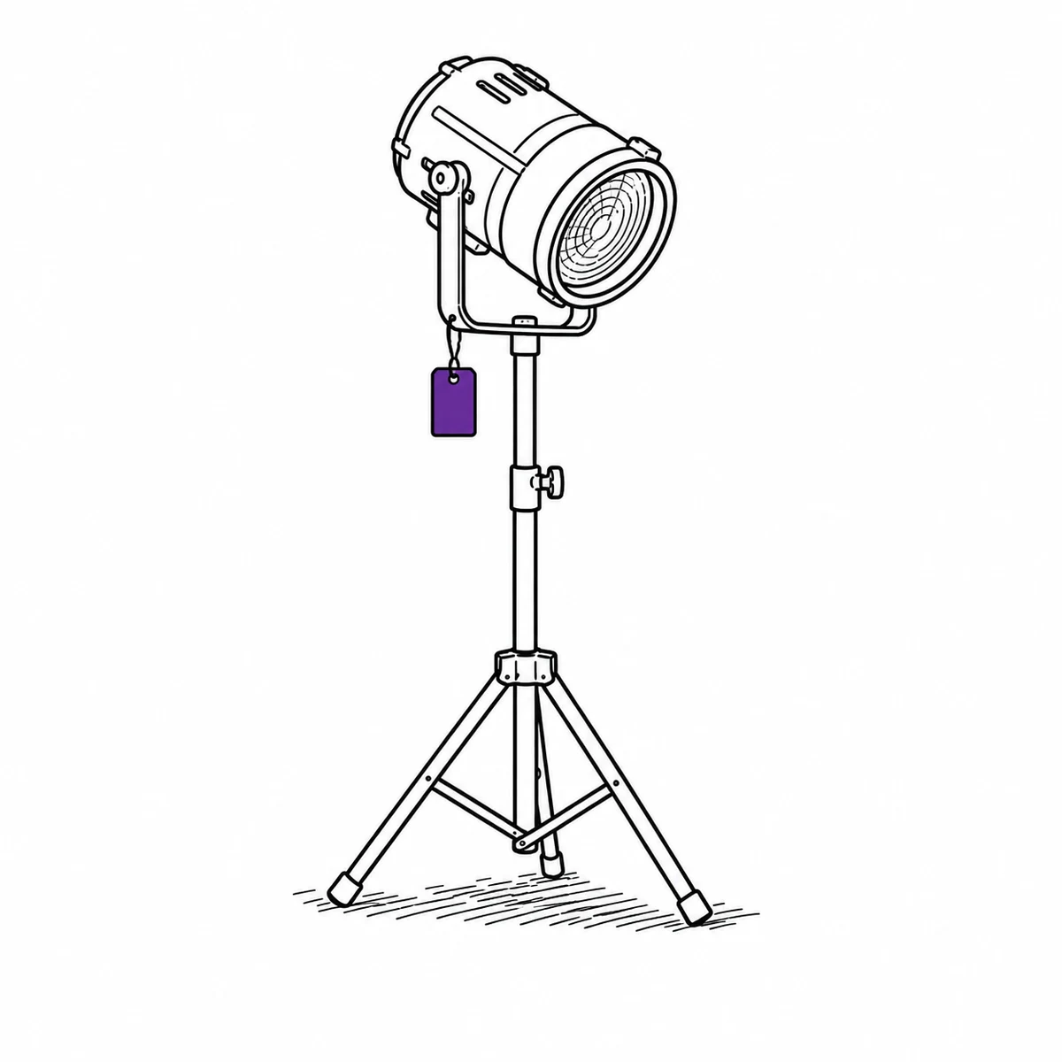 A stage lighting fixture on a stand with a tag hanging from its yoke, drawn in ink line art