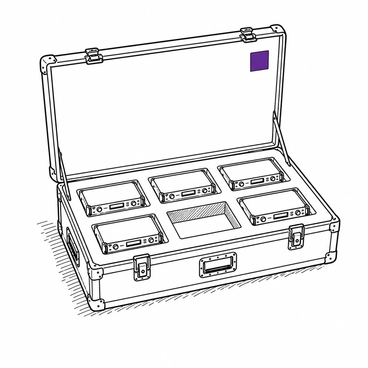 An open case with one empty foam cutout among full ones, drawn in ink line art