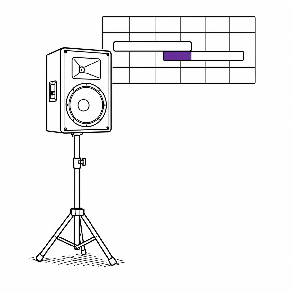 Two calendar pages overlapping over a single speaker cabinet, drawn in ink line art