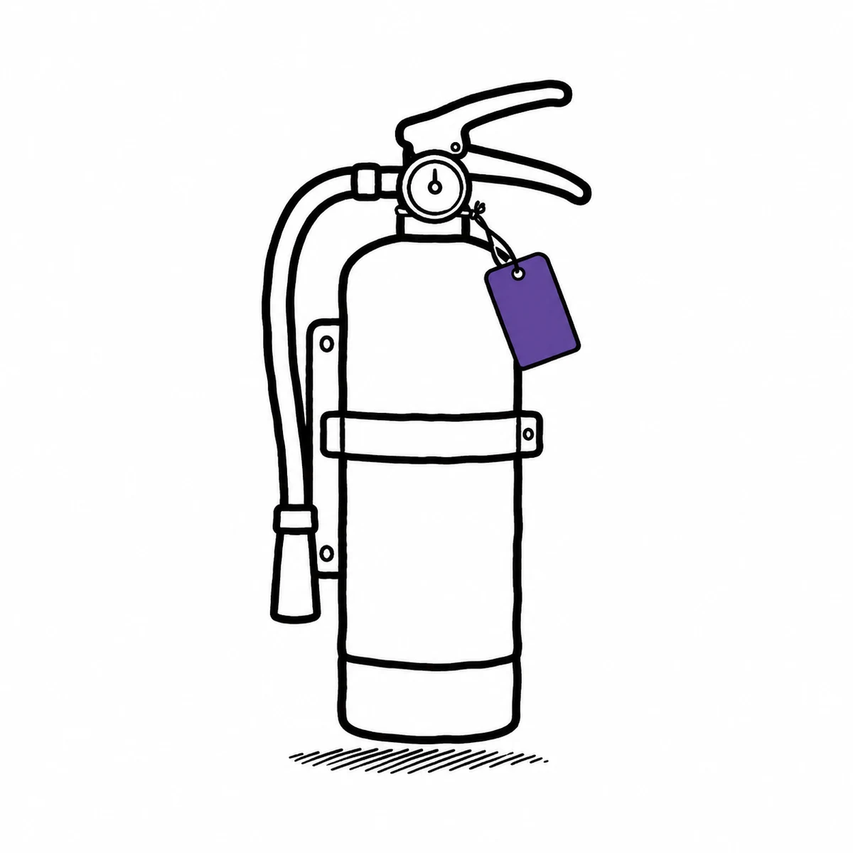 A fire extinguisher on a wall with an equipment tag hanging from its neck
