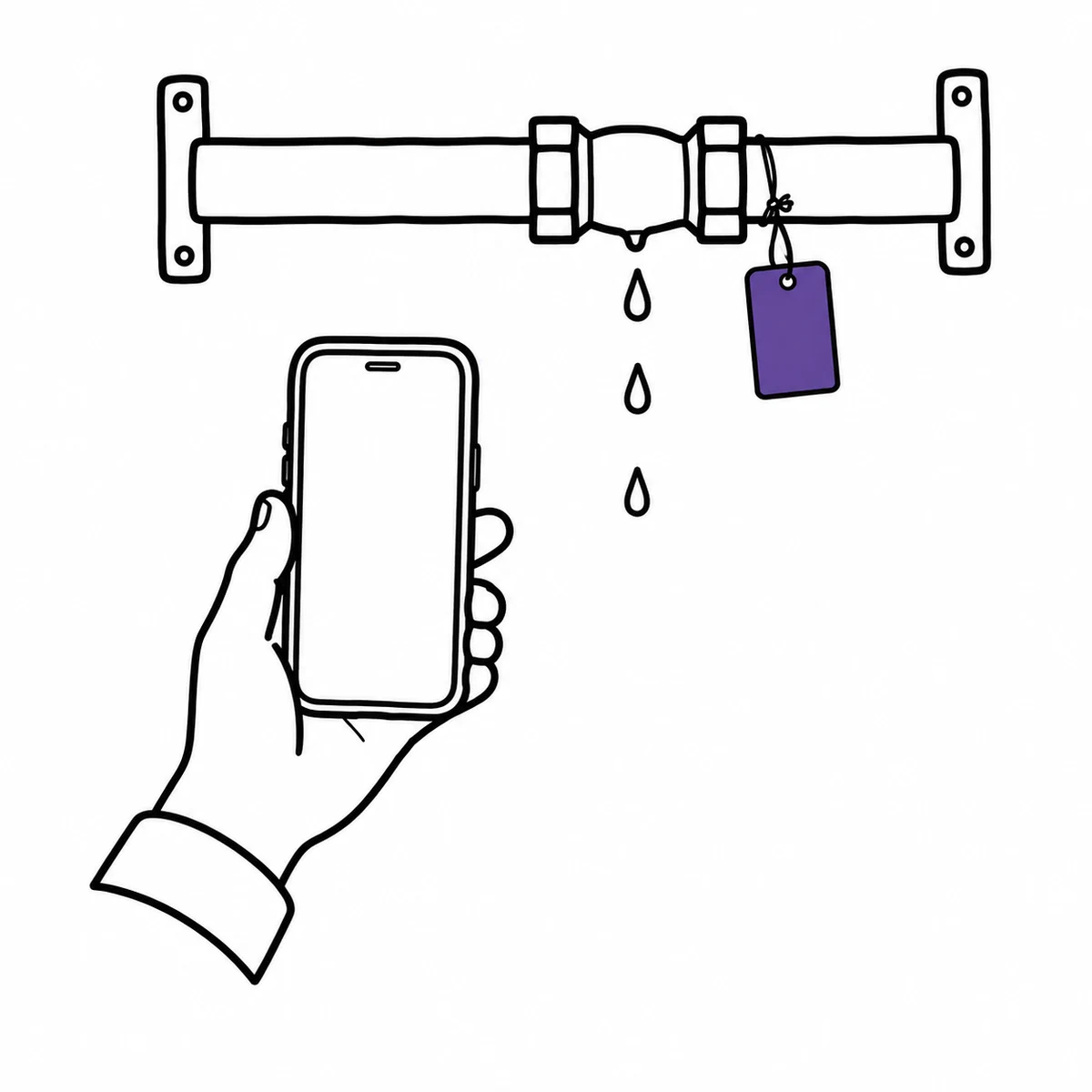 A hand photographing a leaking pipe joint with a tag on the pipe