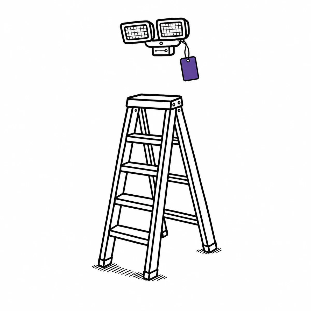 A stepladder standing under an emergency light fitting with a tag on it