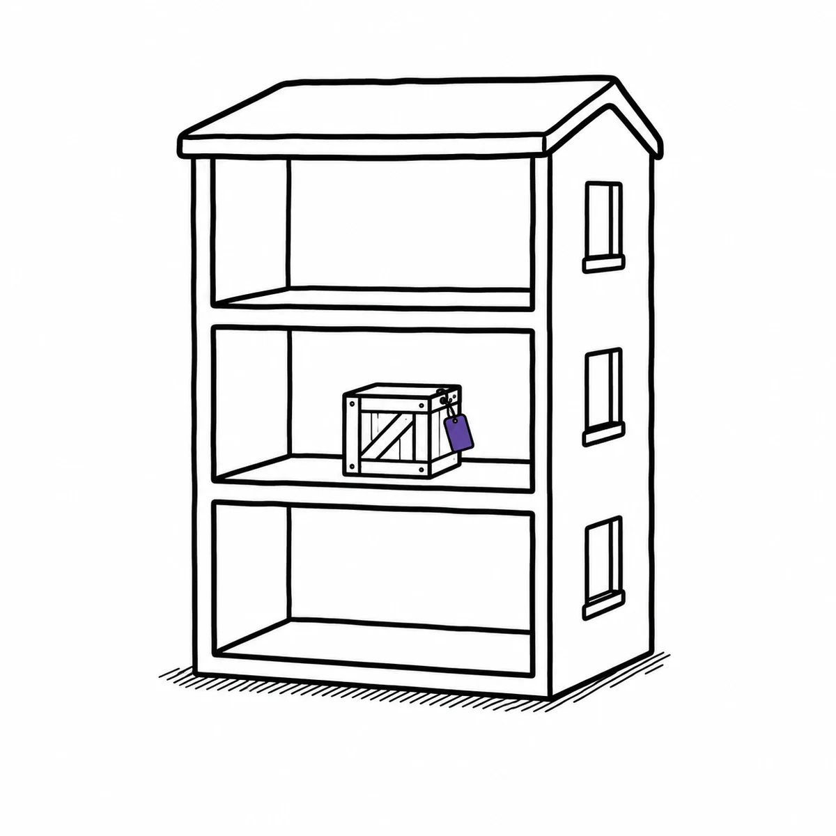 A three-storey building in cutaway with a single tagged crate on one floor