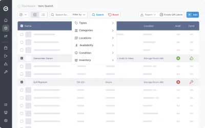 Equipment Database software, search and filtering assets in Itefy