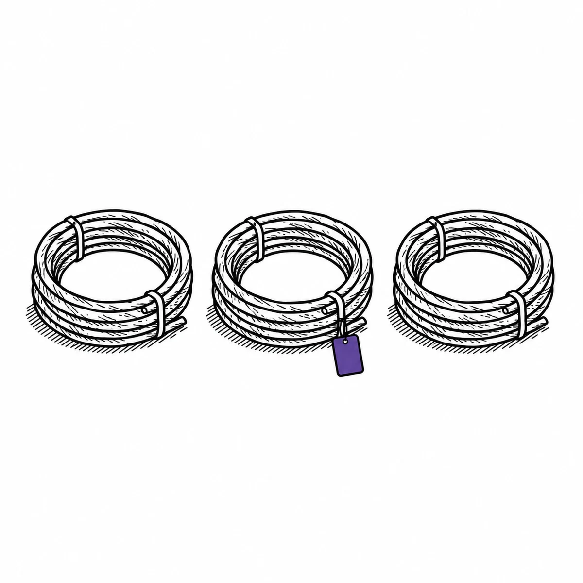 Three identical worn cable coils lying side by side on the ground