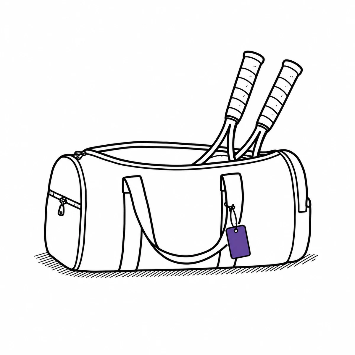 A sports holdall with two rackets in it and a tag on the handle