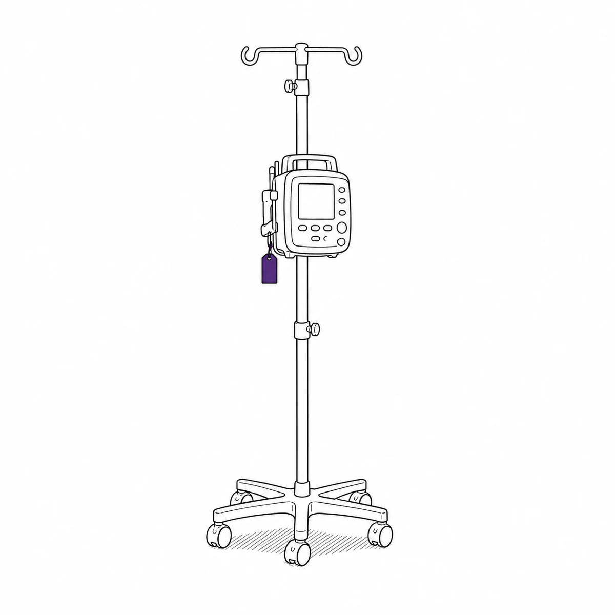 An infusion pump on a drip stand with a tag hanging from it, drawn in ink line art