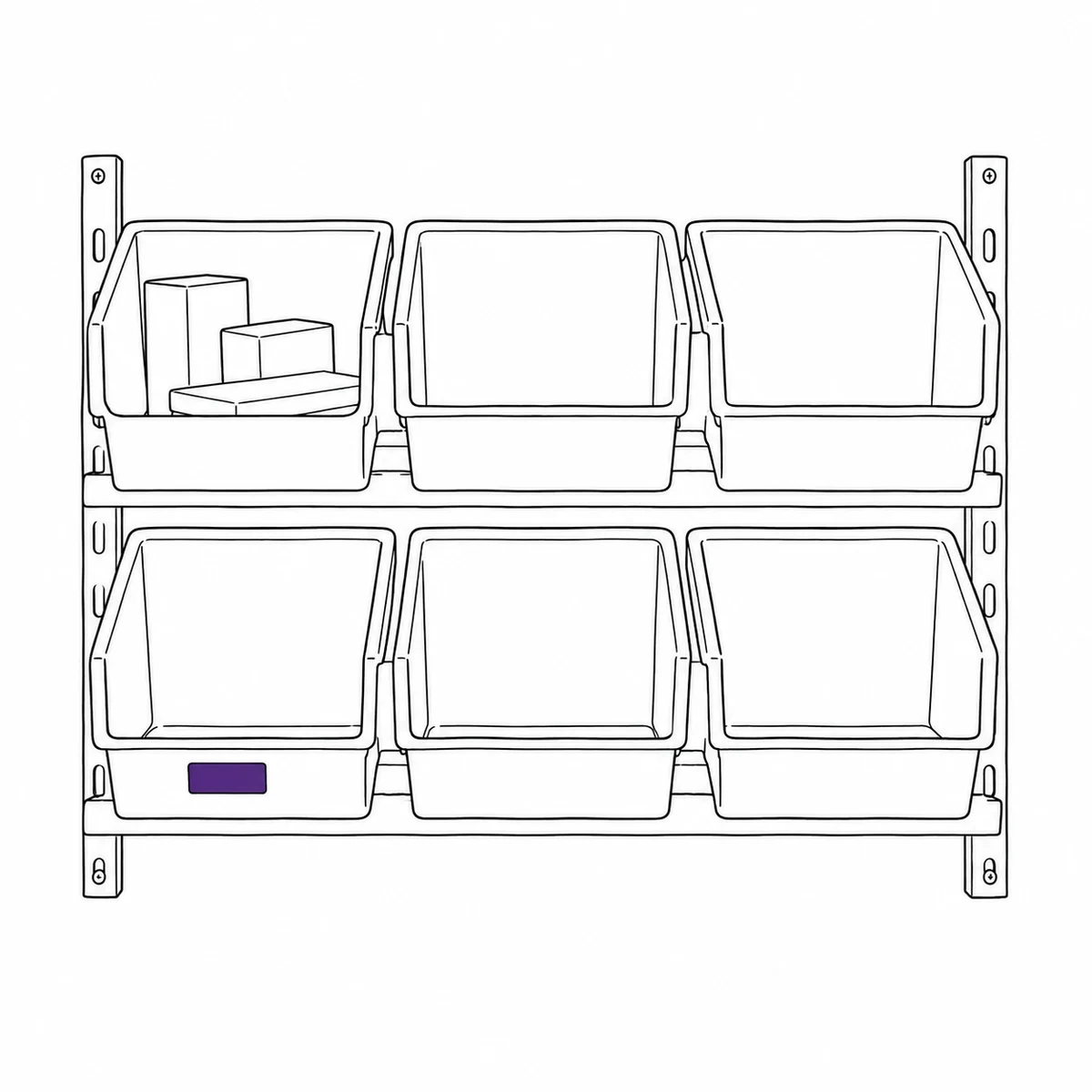 A supply shelf of storage bins, most of them empty, with a label on one bin, drawn in ink line art