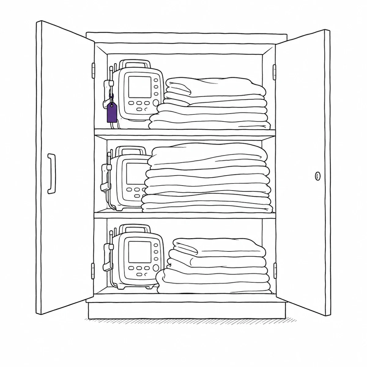 A ward store cupboard with infusion pumps crammed onto the shelves behind stacked linen, drawn in ink line art