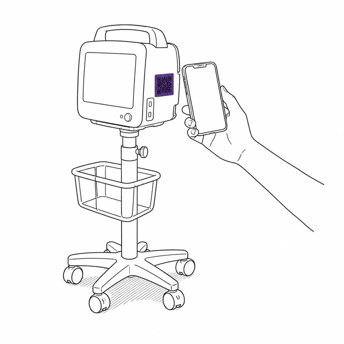 A phone held up to scan a QR label on the side of a medical device, drawn in ink line art
