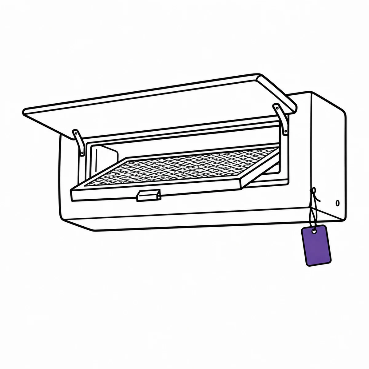 A wall-mounted air handling unit with its panel open and the filter half out