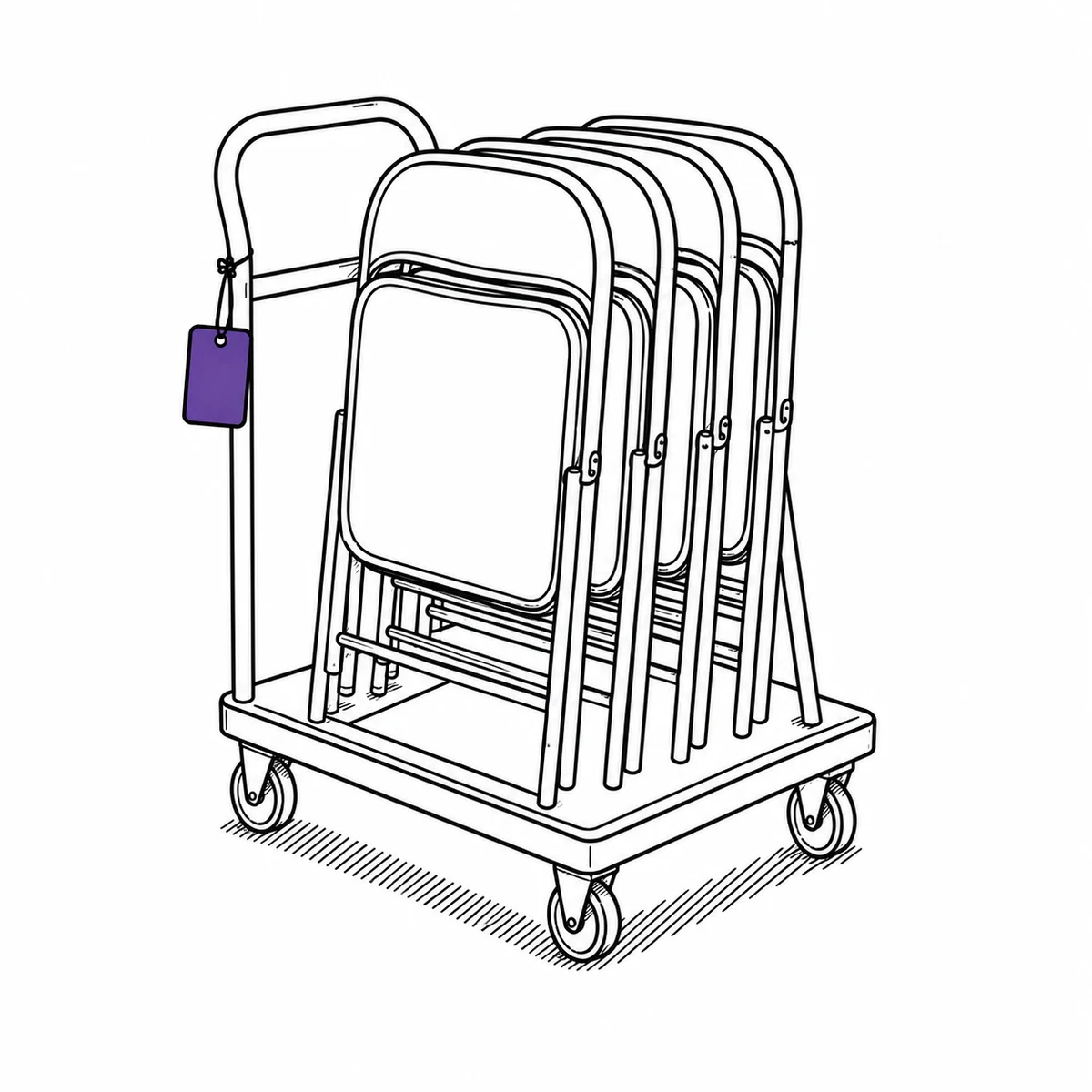 A wheeled banquet trolley loaded with folded stacking chairs