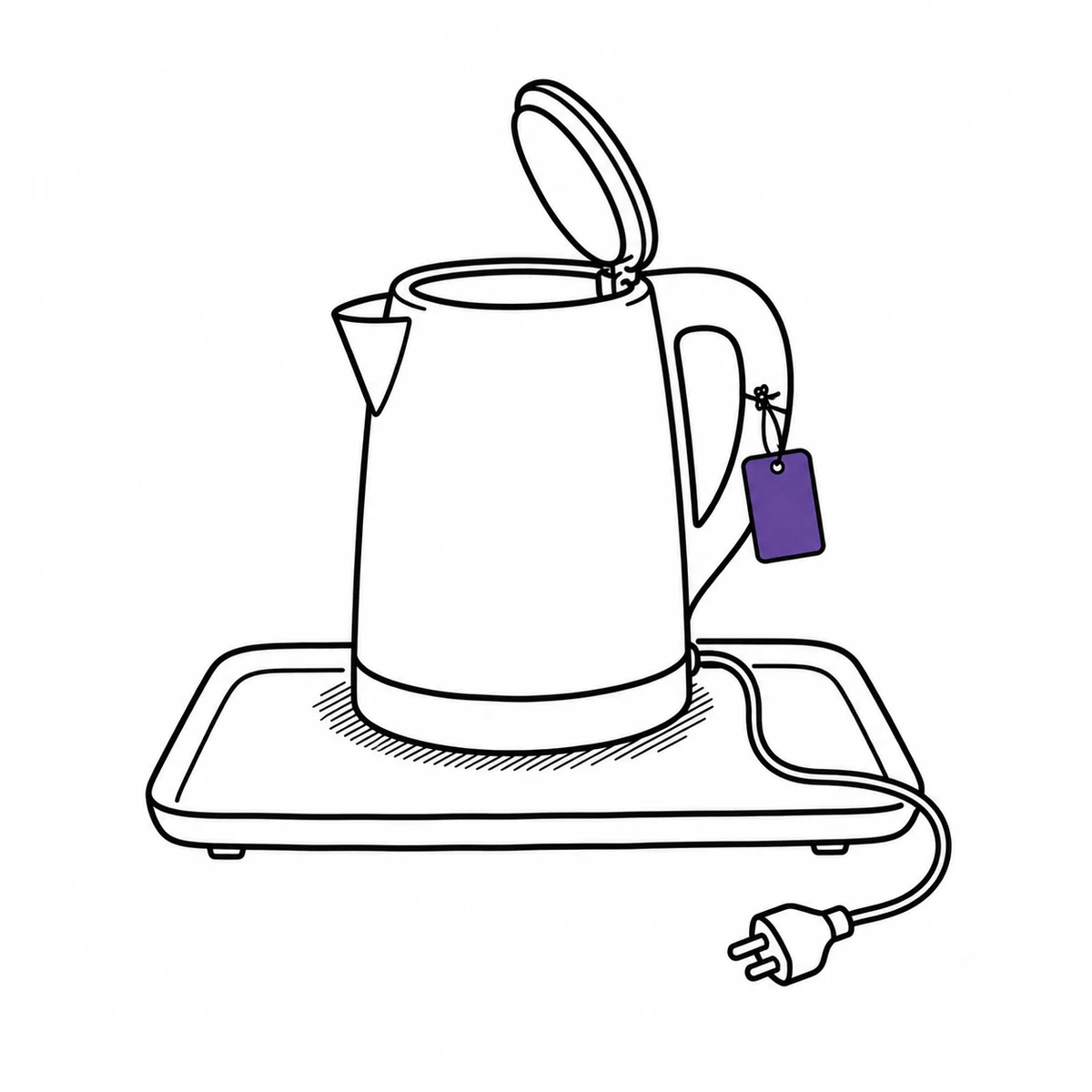 An electric kettle on a tray with its lid open and its cord unplugged