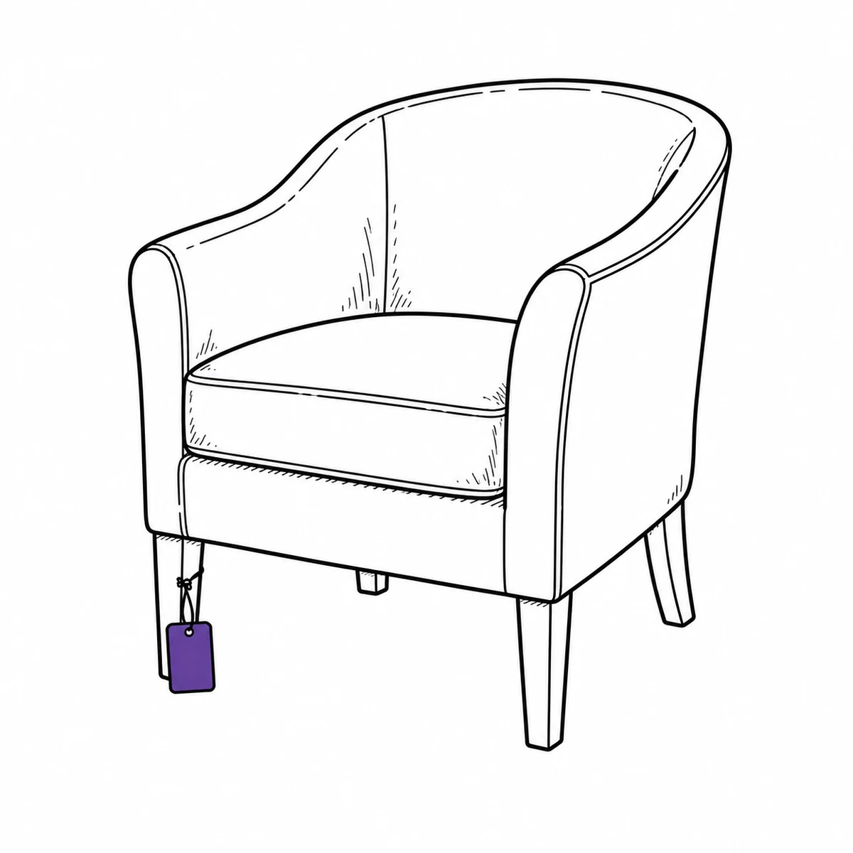 An upholstered hotel armchair with an equipment tag on its leg