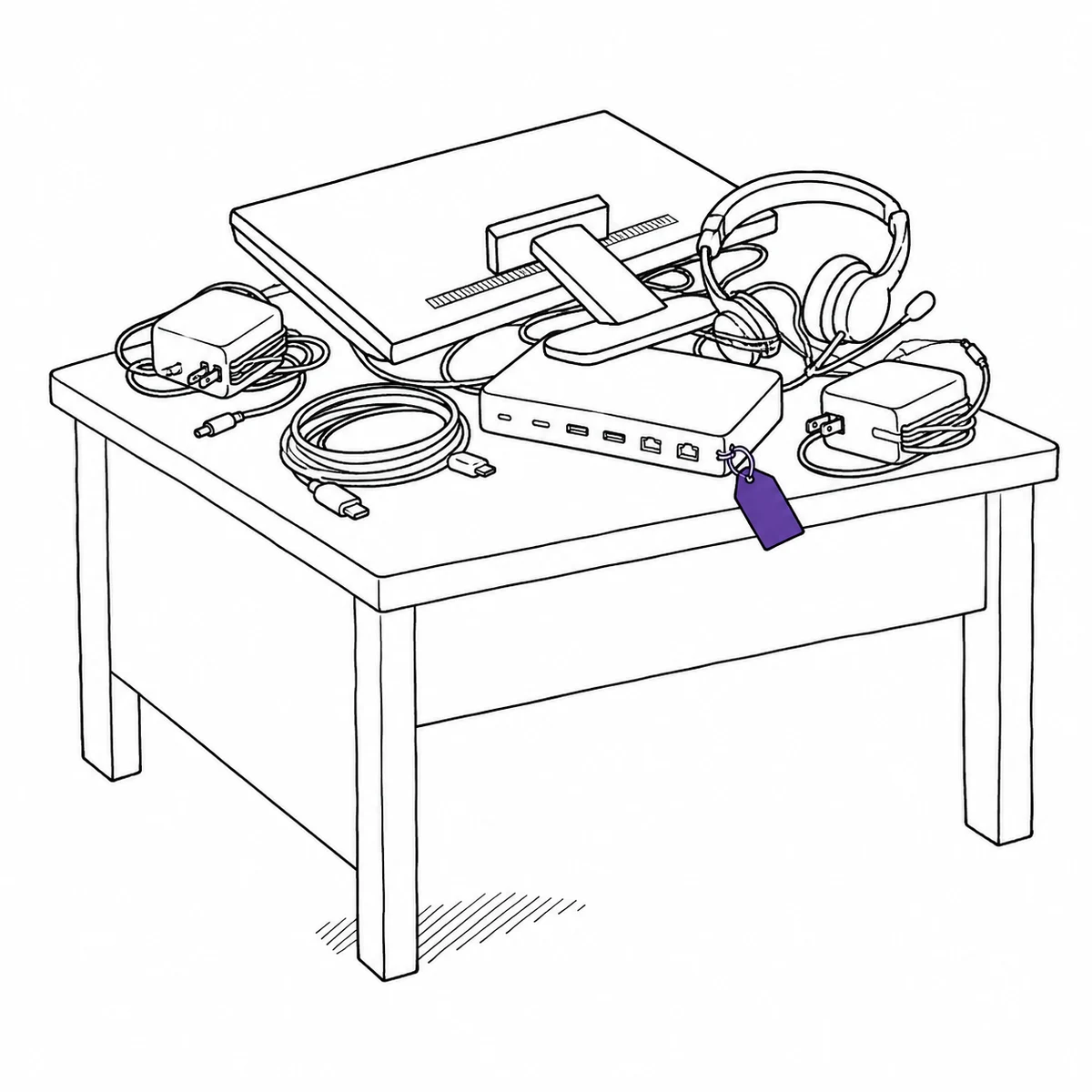 A desk heaped with peripherals — monitor, dock, headset, cables and adapters — drawn in ink line art