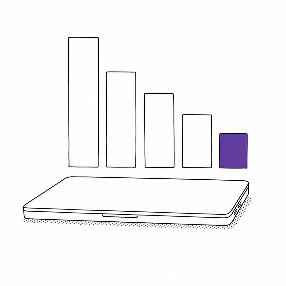 A stepped-down bar chart beside a closed laptop, drawn in ink line art