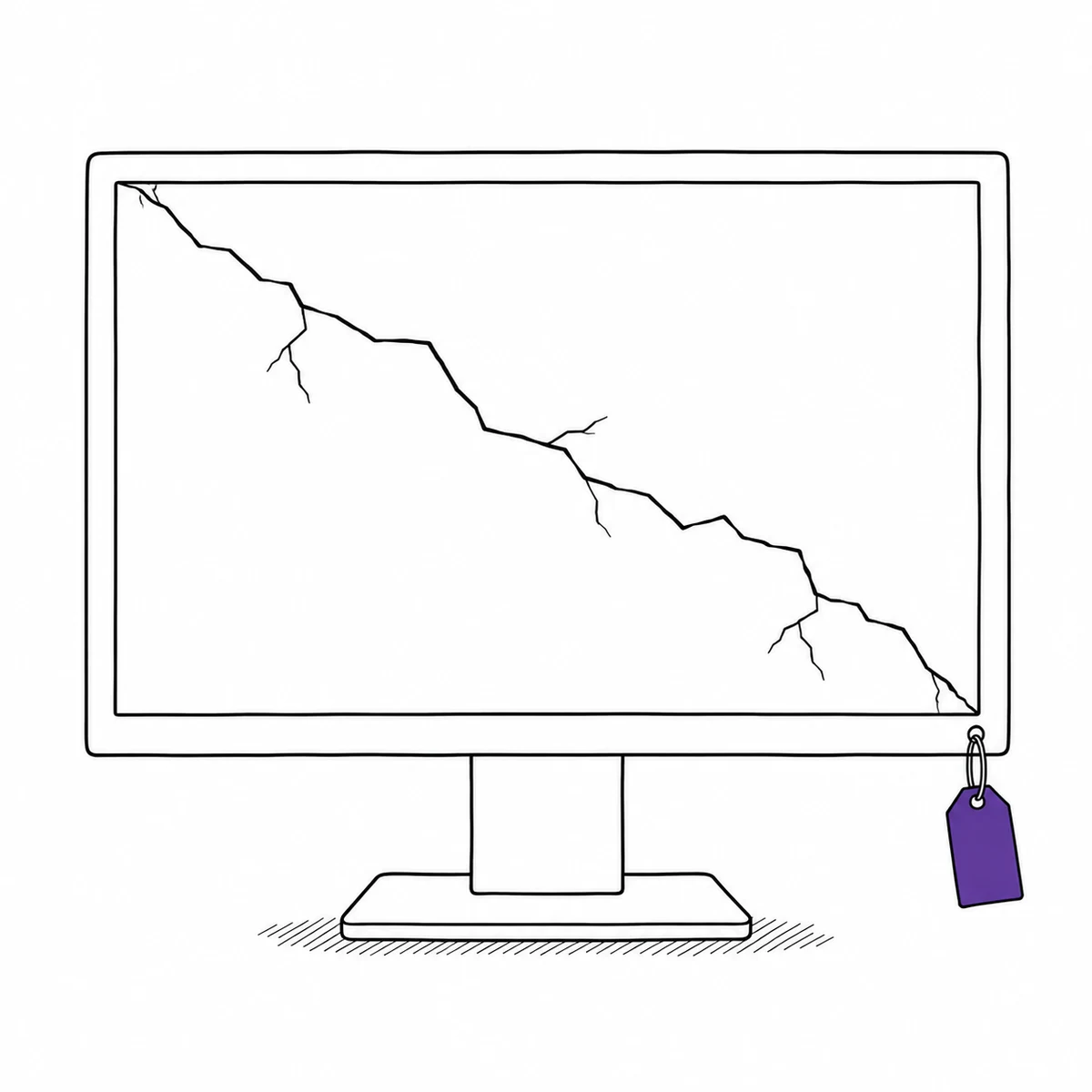A desktop monitor with a crack across the screen and a tag hanging from its stand, drawn in ink line art