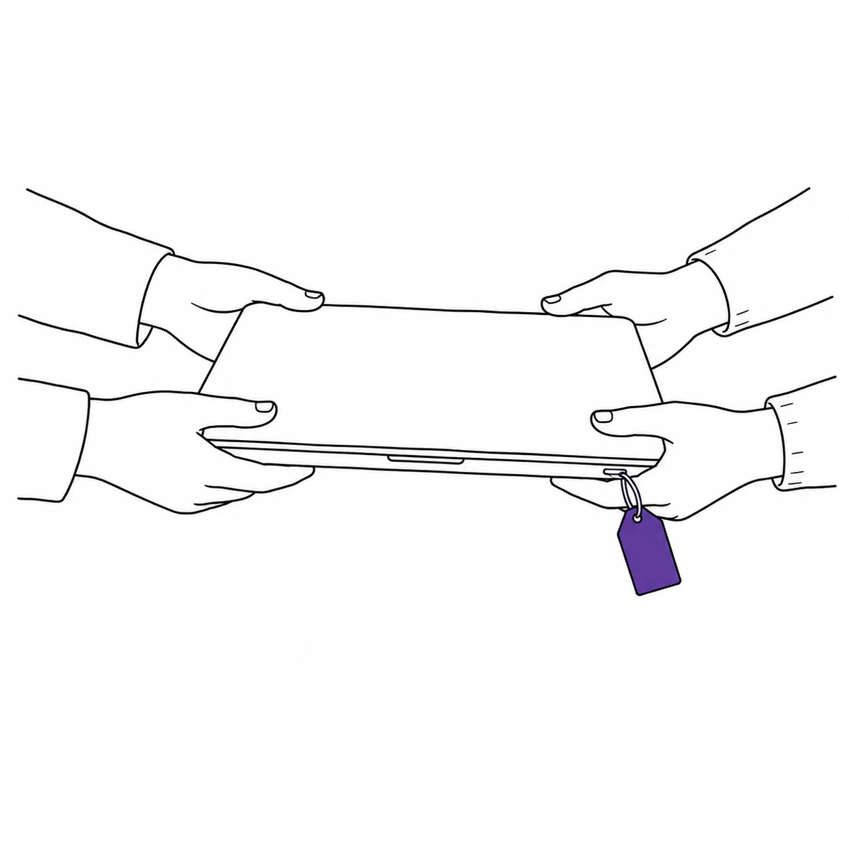 A laptop being passed from one pair of hands to another, drawn in ink line art