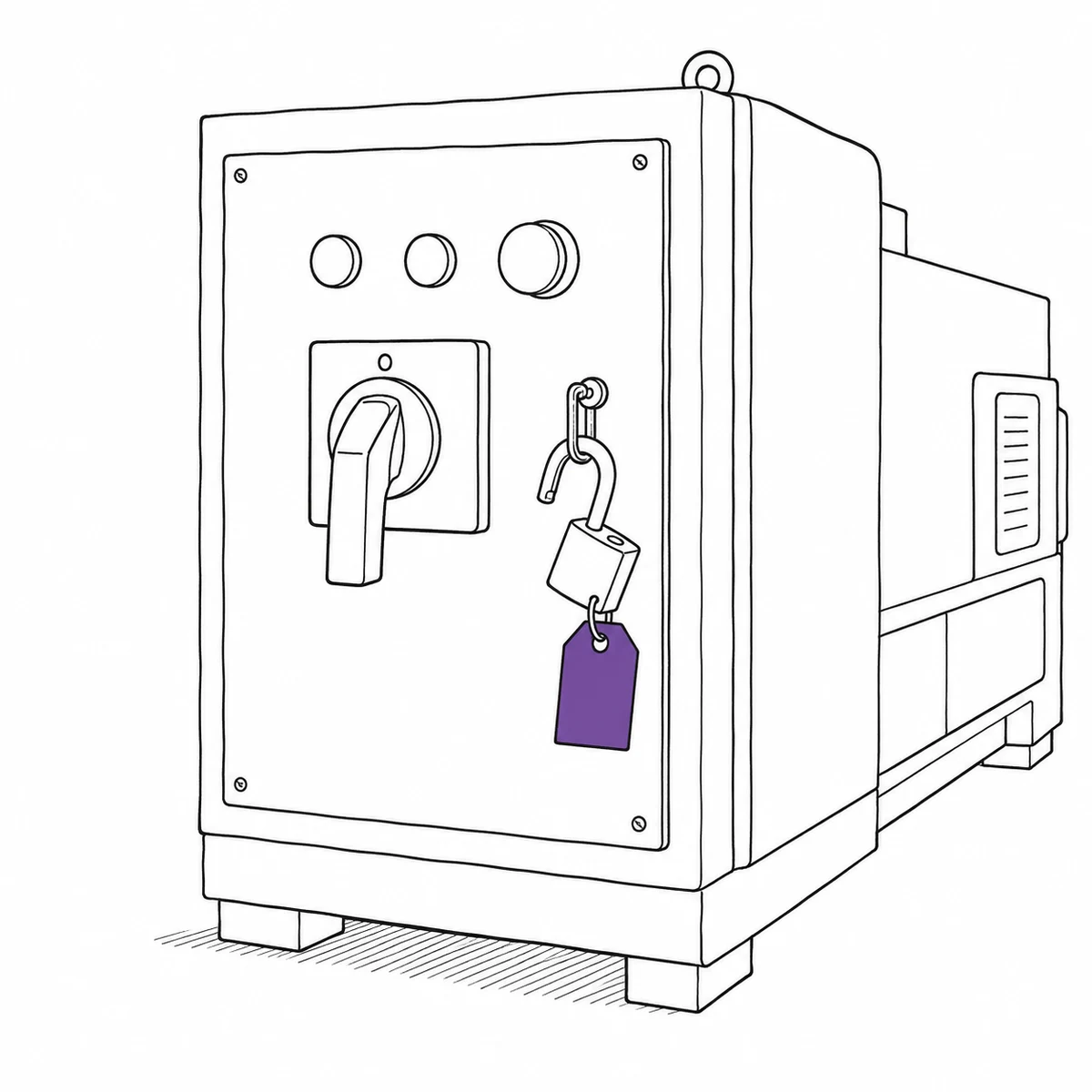An industrial machine control panel with an unused lockout padlock and tag hanging beside the isolator switch, drawn in ink line art