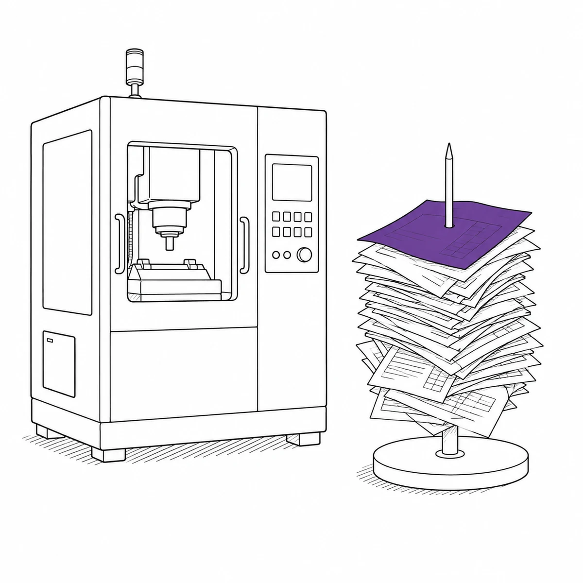 An industrial machine beside a spike stacked with invoices, drawn in ink line art