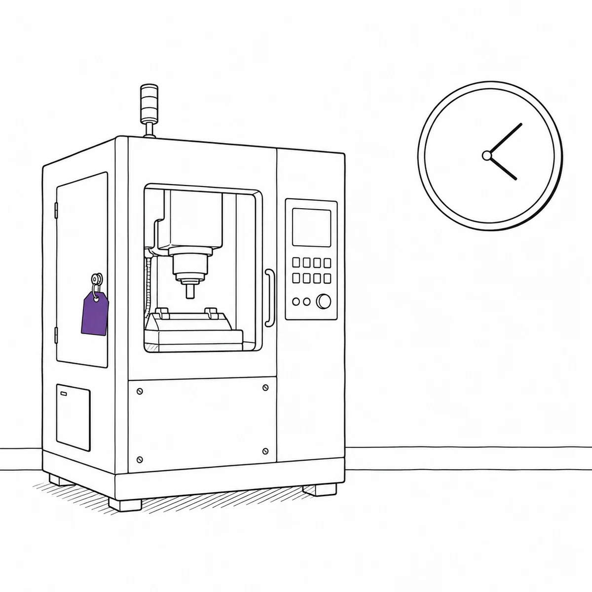 A silent industrial machine standing beside a plain wall clock, drawn in ink line art