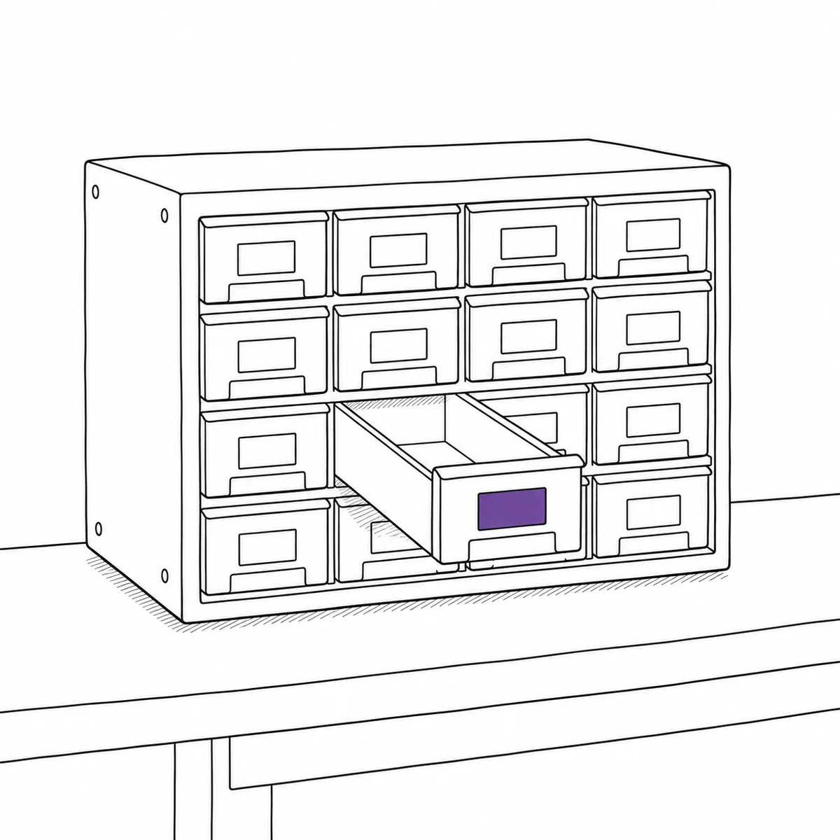 A small metal parts-drawer cabinet with one drawer pulled out and empty, drawn in ink line art