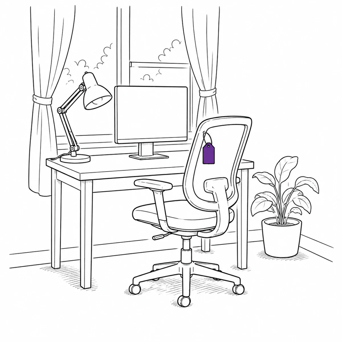 A home desk with an office chair, a monitor and a lamp beside a window, drawn in ink line art