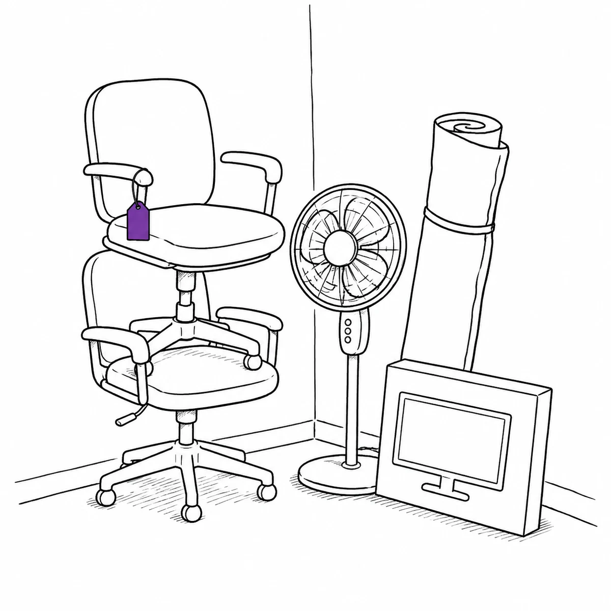 A store room with mismatched office items — a stacked chair, a fan, a rolled rug and a boxed screen, drawn in ink line art