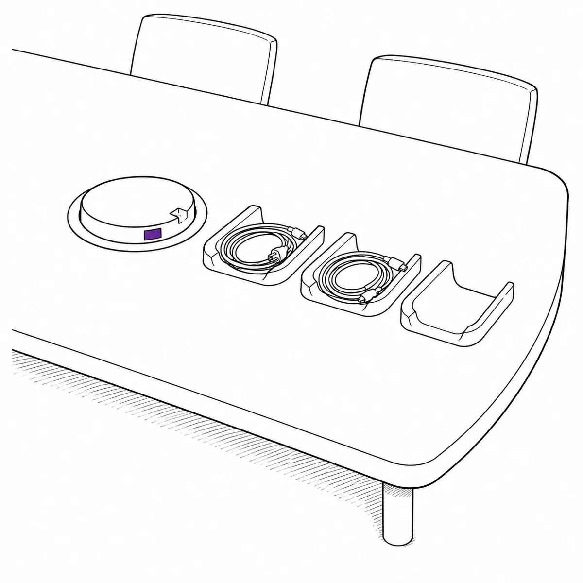 A meeting room table with a small AV connection box and one empty cable cradle, drawn in ink line art