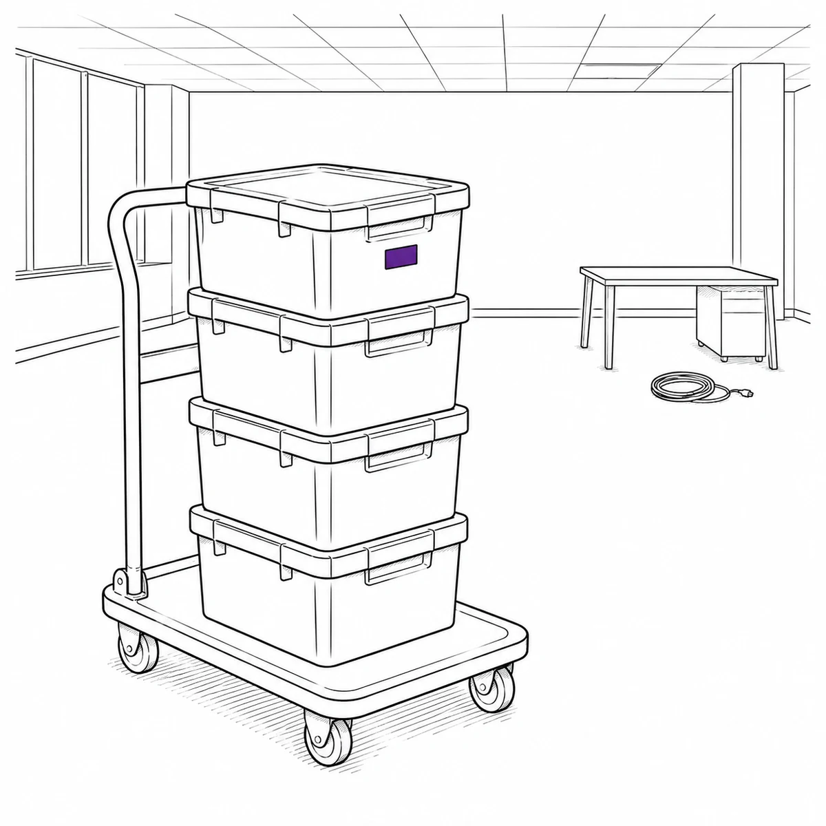 Stacked moving crates on a trolley in an empty open-plan office, drawn in ink line art
