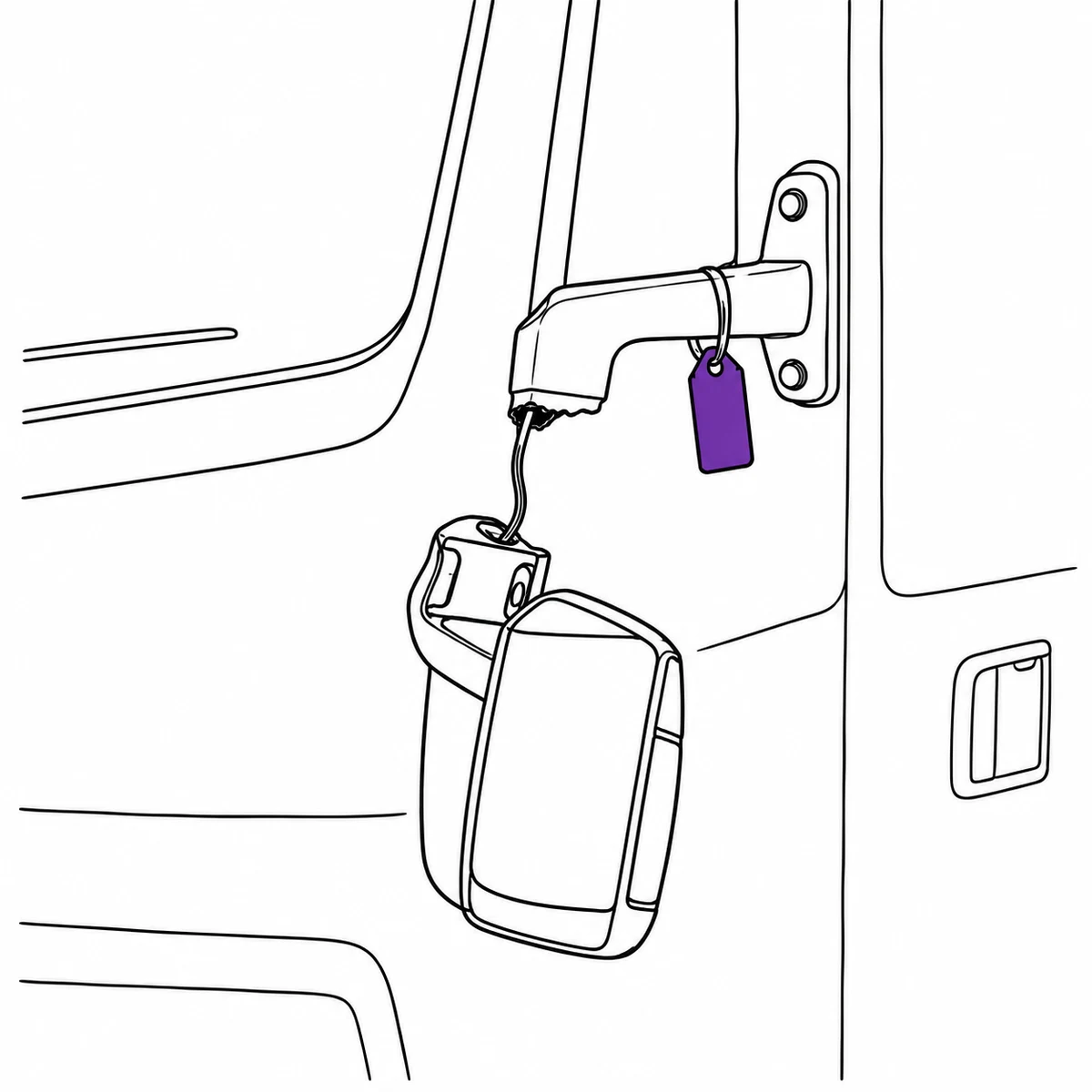 A cracked wing mirror hanging from a vehicle by its cable with a tag attached, drawn in ink line art