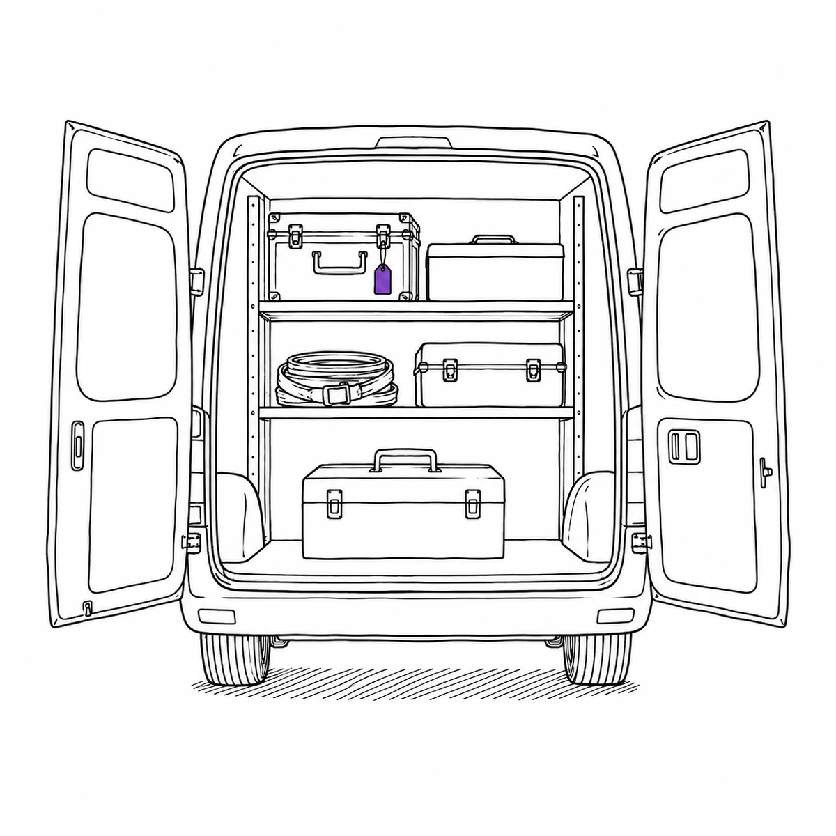 A van with its rear doors open showing racking and equipment cases inside, drawn in ink line art