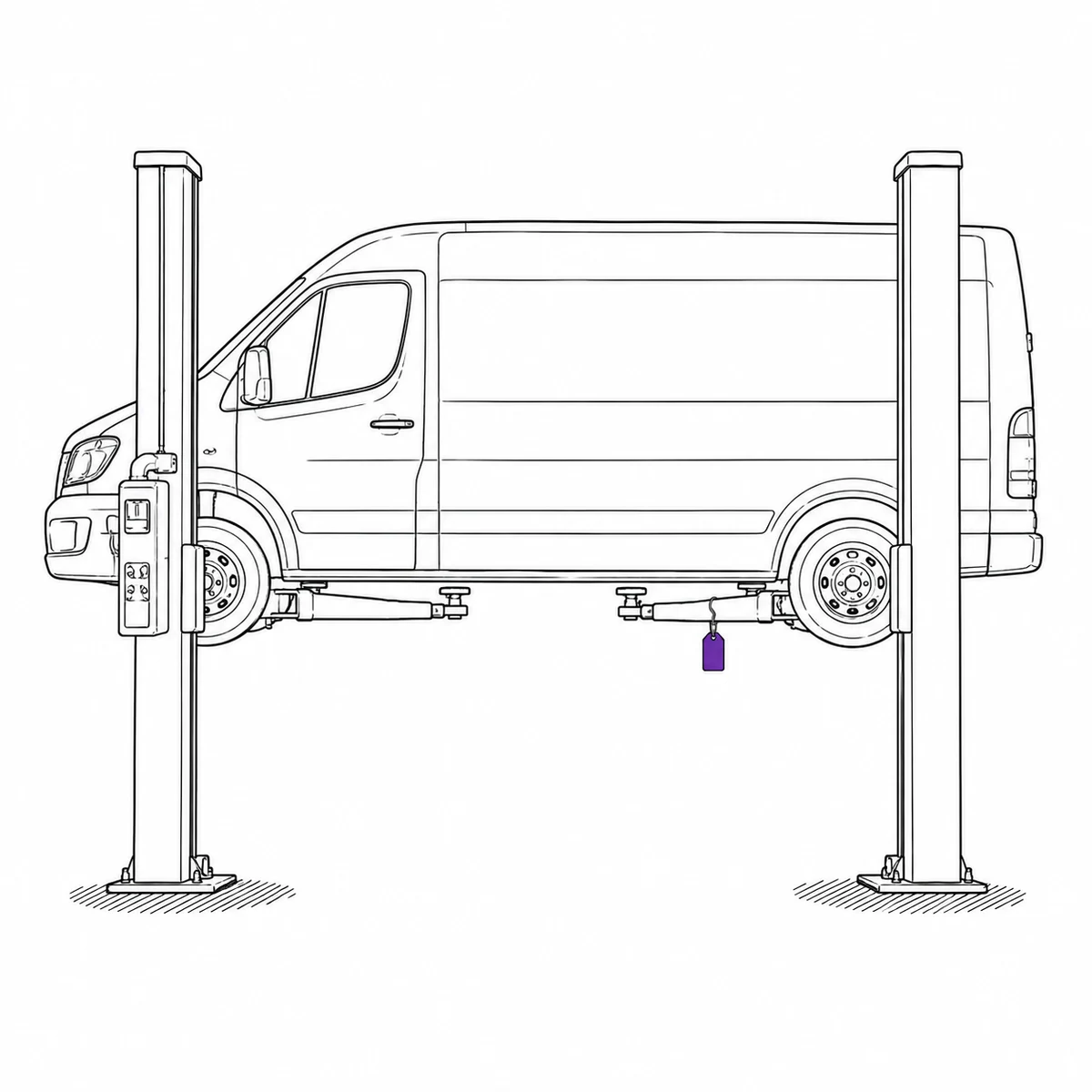 A van raised on a two-post workshop lift with a tag hanging from one lift arm, drawn in ink line art
