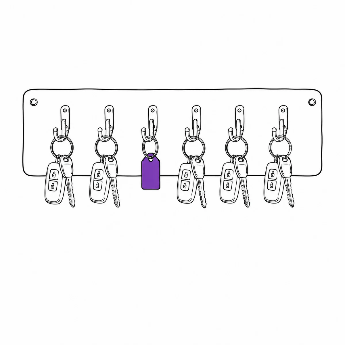 A key board with several vehicle key fobs on hooks and one hook empty, drawn in ink line art
