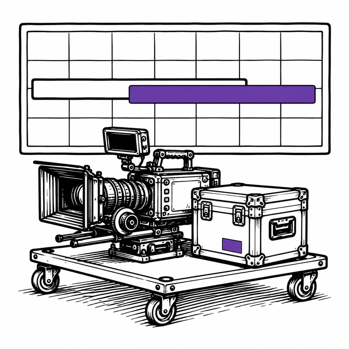 Line drawing of a camera on a cart in front of a wall planner with two overlapping booking bars