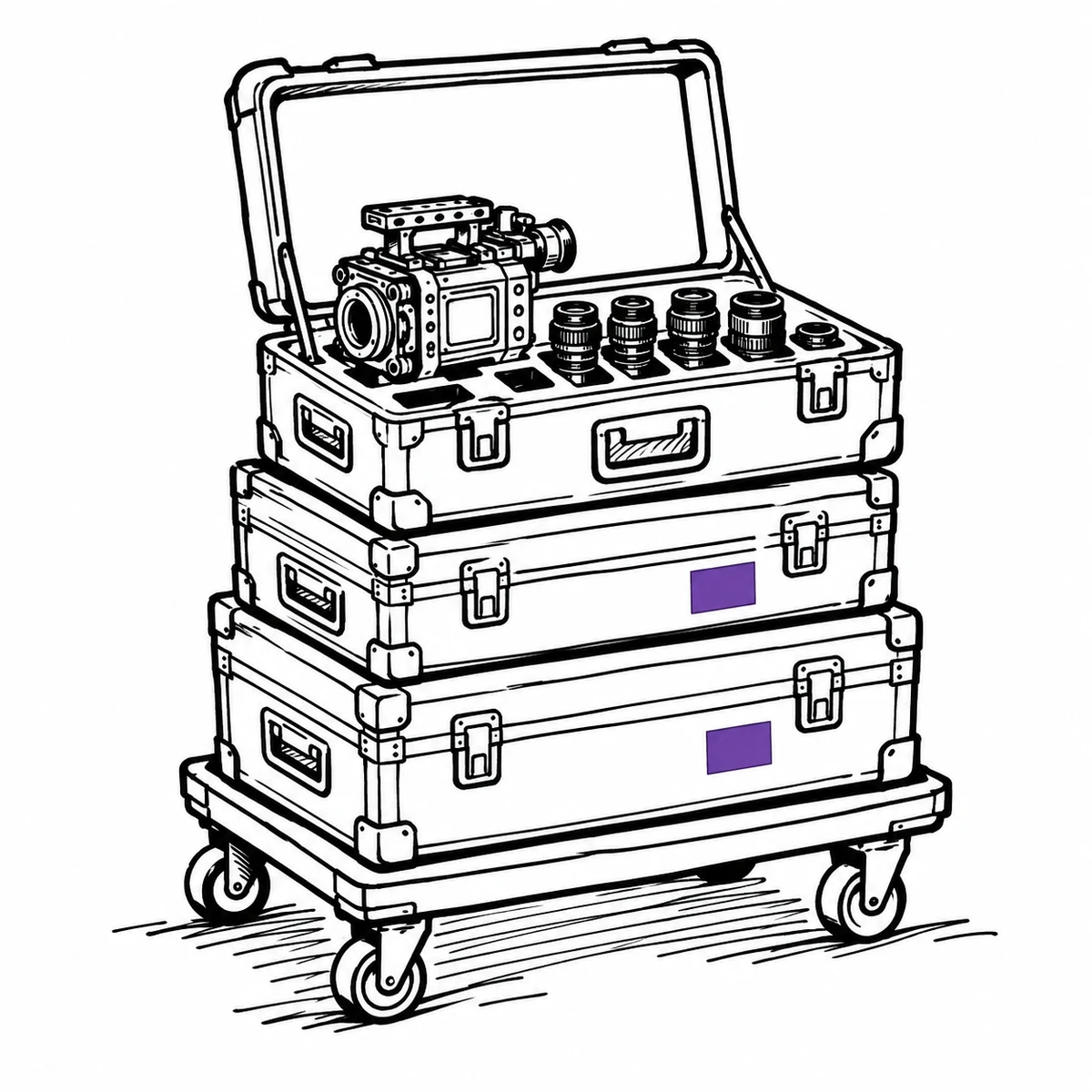 Line drawing of a wheeled cart stacked with flight cases, the top one open showing a cinema camera and lenses in foam