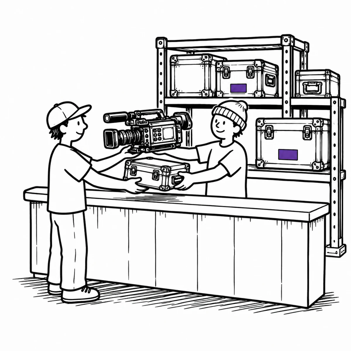 Line drawing of a crew member receiving a camera and case across a gear store counter