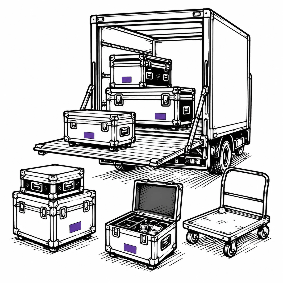 Line drawing of flight cases being unloaded from a production truck at night